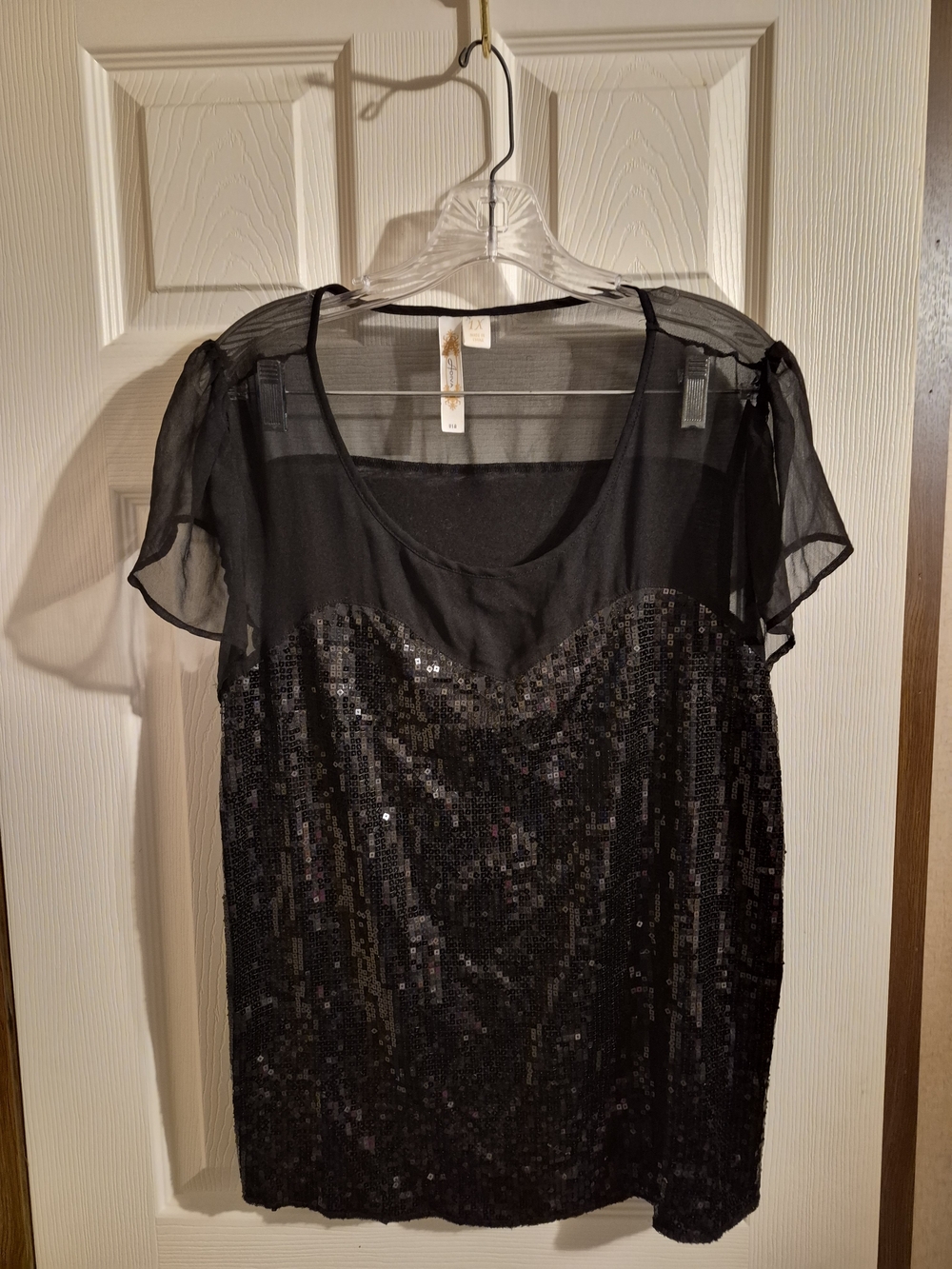 Adiva Black Sequin Mesh Cap Sleeve Blouse